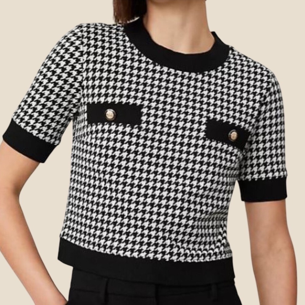Ann Taylor Trim top Houndstooth Short Sleeve Knit Black White Gold Button XLP